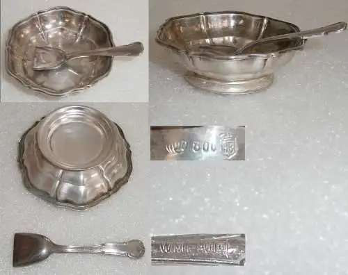 Salznäpfchen (Herrmann Bauer) aus 800 Silber mit WMF-Löffel 90 Silberauflage
