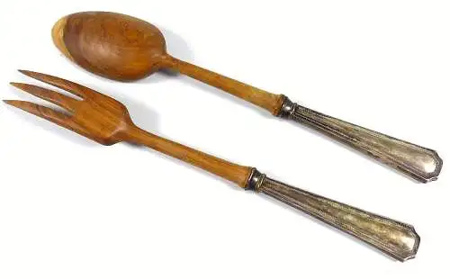 Salatbesteck aus 925 Sterling Silber mit Vorderteilen aus Holz