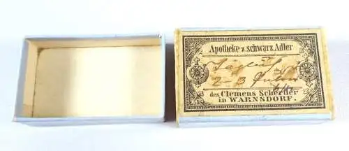 sehr alte Schachtel Pillendose mit Werbung  Clemens Scherfler Warnsdorf Apotheke
