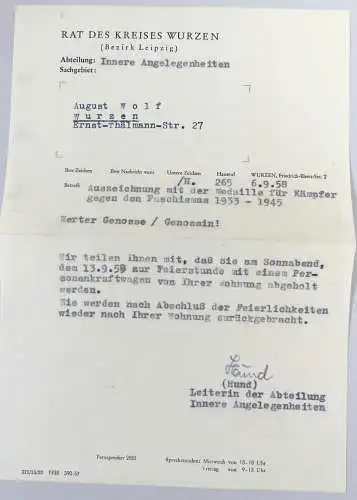 DDR  Urkunde und Orden Einladung Kämpfer gegen den Faschismus Grotewohl