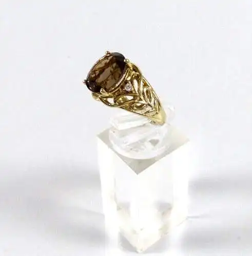 Ring  aus 925 Silber vergoldet mit Rauchquarz und 2 kleinen Zirkonia  Größe 56