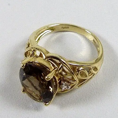 Ring  aus 925 Silber vergoldet mit Rauchquarz und 2 kleinen Zirkonia  Größe 56