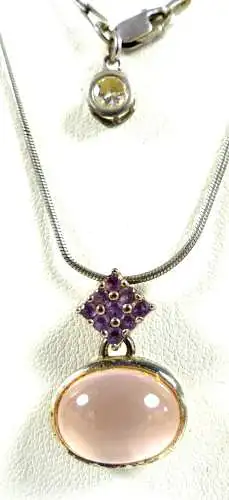 Kette aus 925 Silber mit Anhänger mit Rosenquarz, Amethyste und weißem Stein