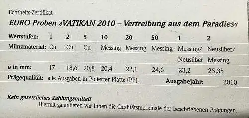 Euro Proben Vatikan 2010 Die Vertreibung aus dem Paradies in OVP