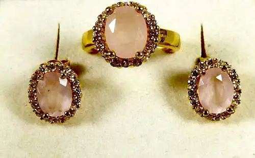 Ring und Ohrringe aus 925 Silber vergoldet mit Rosenquarz, Gr. 51