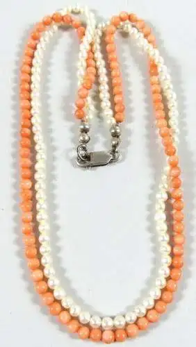 Kette Zuchtperlen und Korallen mit Verschluß aus 925 Silber