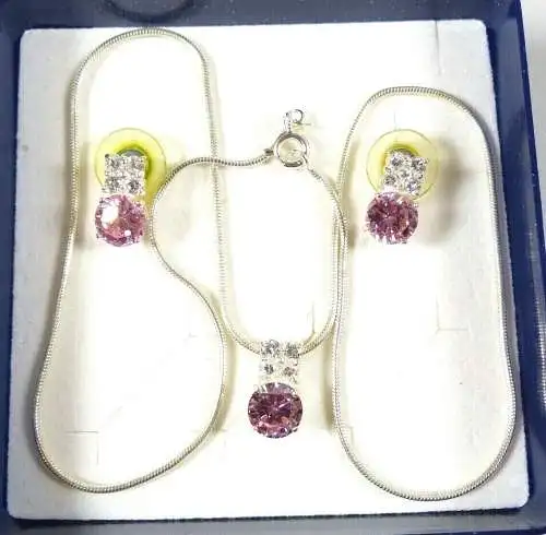Set Kette und Ohrringe aus 925 Silber mit Rosenquarz und Kristallen