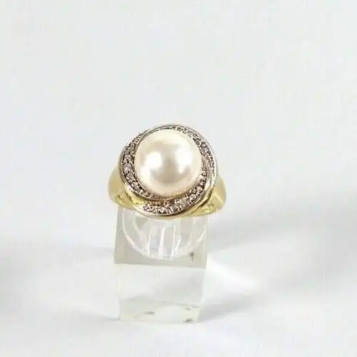 Ring 925 Silber vergoldet mit Perle und weißen Steinen  Größe 58