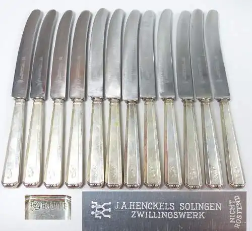 12 Messer Jugendstil mit Griffen aus 800 Silber und Monogramm IJ   (da5340)