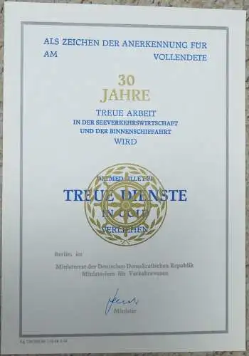 Treue Arbeit in der Seeverkehrswirtschaft Gold Silber Bronze + Blanko-Urkunden