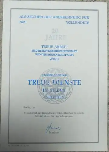 Treue Arbeit in der Seeverkehrswirtschaft Gold Silber Bronze + Blanko-Urkunden