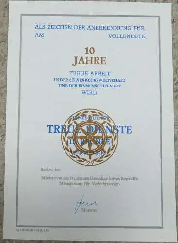 Treue Arbeit in der Seeverkehrswirtschaft Gold Silber Bronze + Blanko-Urkunden
