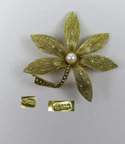 ORIGINAL FAHRNER Brosche 925er Silber vergoldet m. Perle u. Markasiten  (da4887)