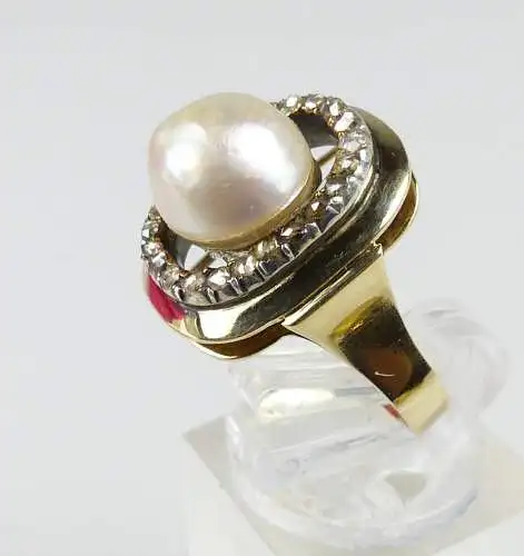 Ring aus 585 Gold mit Diamantrosen und Barockperle, Gr. 50/Ø 15,9 mm