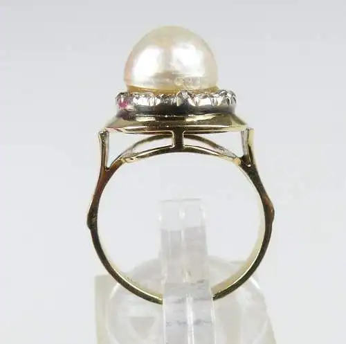 Ring aus 585 Gold mit Diamantrosen und Barockperle, Gr. 50/Ø 15,9 mm