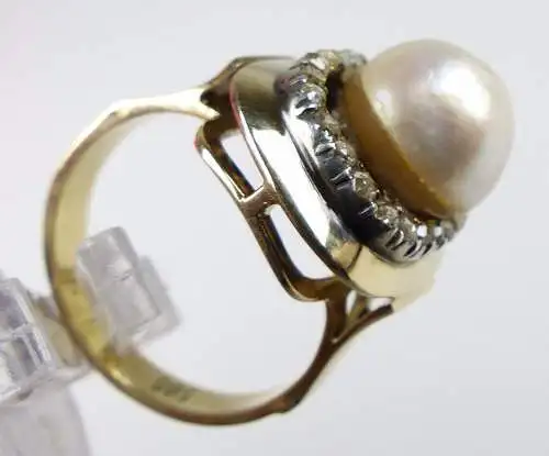 Ring aus 585 Gold mit Diamantrosen und Barockperle, Gr. 50/Ø 15,9 mm