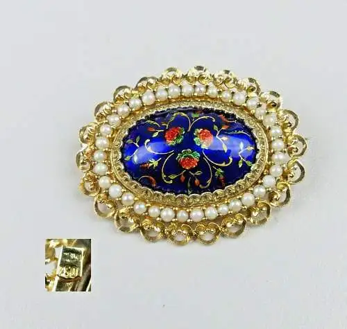 Brosche aus 750er Gold mit toller Emaille und Perlen (da4569)