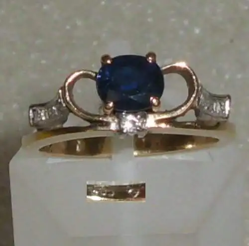 Toller Ring aus 585er Gold mit  Saphir u.Diamanten , Gr. 52 Ø 16,6 mm (da4159)