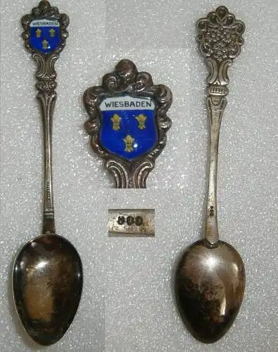 Sammler-Löffel WIESBADEN aus 800 Silber mit Wappen aus Emaille