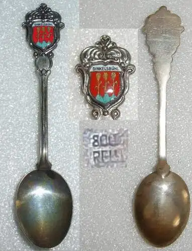 Sammler-Löffel DINKELSBÜHL aus 800 Silber mit Wappen aus Emaille