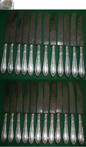 12 alte Dessert-Messer 90 und 60 Silberauflage mit Monogramm "LH" oder "HL"