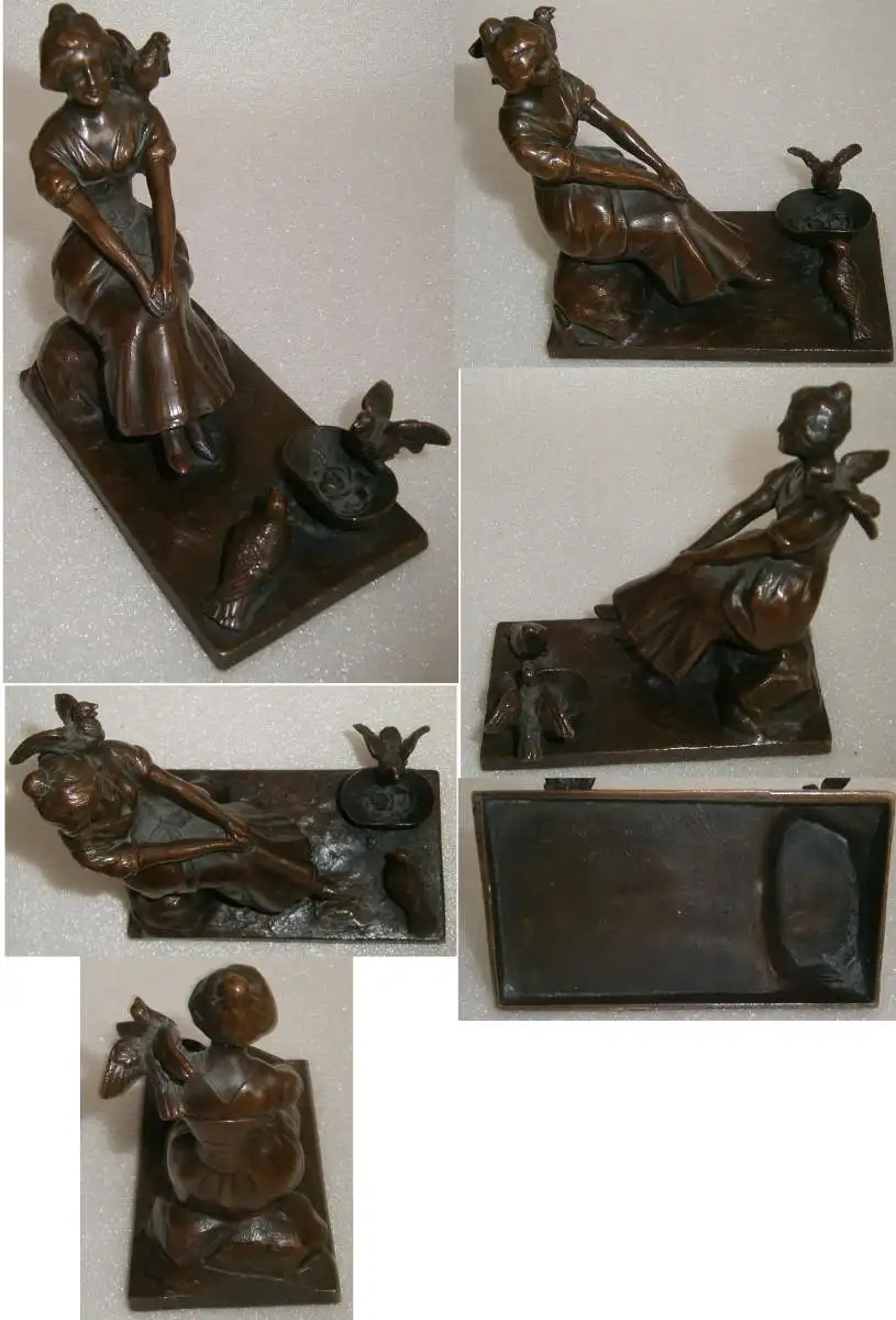 Tolle original alte Bronze Aschenputtel/Frau mit Tauben 0
