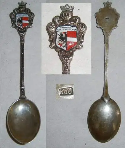 Sammler-Löffel aus 800 Silber Garmisch-Partenkirchen mit Wappen aus Emaille