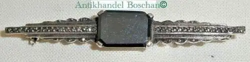 Sehr feine Brosche 835 Silber mit Onyx und Markasiten (d1030)