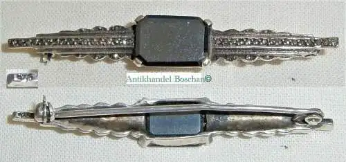 Sehr feine Brosche 835 Silber mit Onyx und Markasiten (d1030)