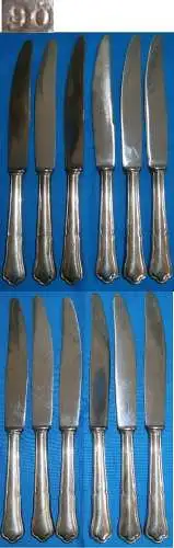 6 sehr schöne Messer Chippendale-Muster 90 Silberauflage