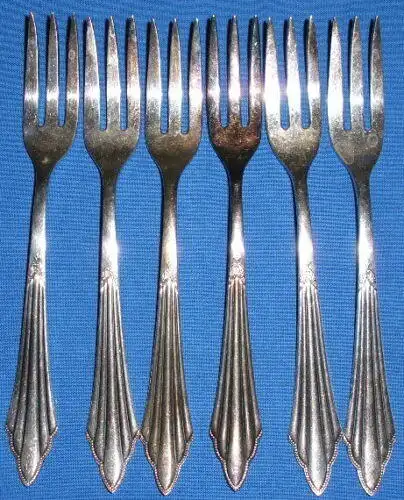 6 Kuchen-Gabeln WMF Fächermuster 90 Silber-Auflage    (c1830)