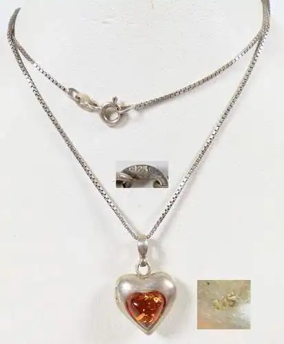 Kette aus 925 Silber mit Herz-Anhänger aufklappbar mit Bernstein/Amber  (da6058)