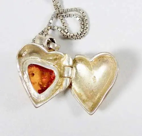 Kette aus 925 Silber mit Herz-Anhänger aufklappbar mit Bernstein/Amber  (da6058)