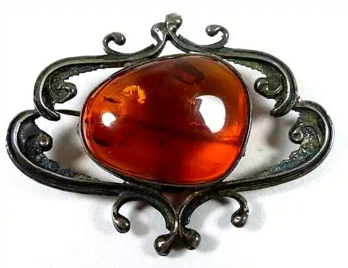 schöne alte Jugendstil Brosche aus 925 Silber mit Bernstein Amber