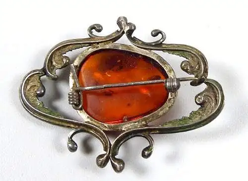 schöne alte Jugendstil Brosche aus 925 Silber mit Bernstein Amber