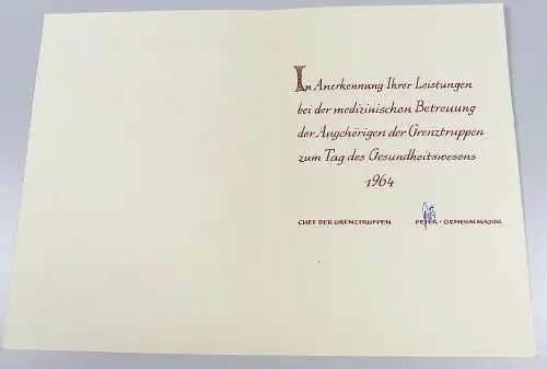 DDR original Urkunde von 1964 Generalmajor Peter Chef der Grenztruppen