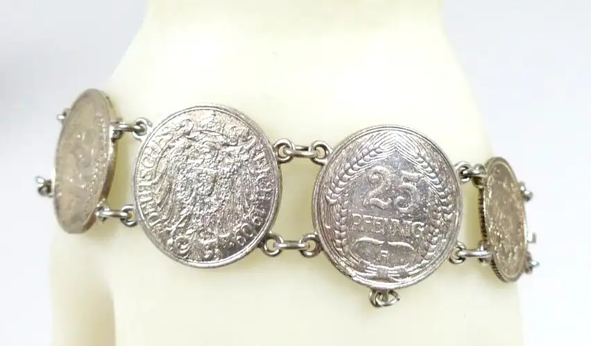 original altes Armband aus 25 Pfennig Münzen 1909 und 1910 und 1/2  Mark 1