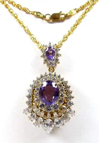 Kette und großer Anhänger aus 925 Silber vergoldet mit Amethyst weißen Steinen