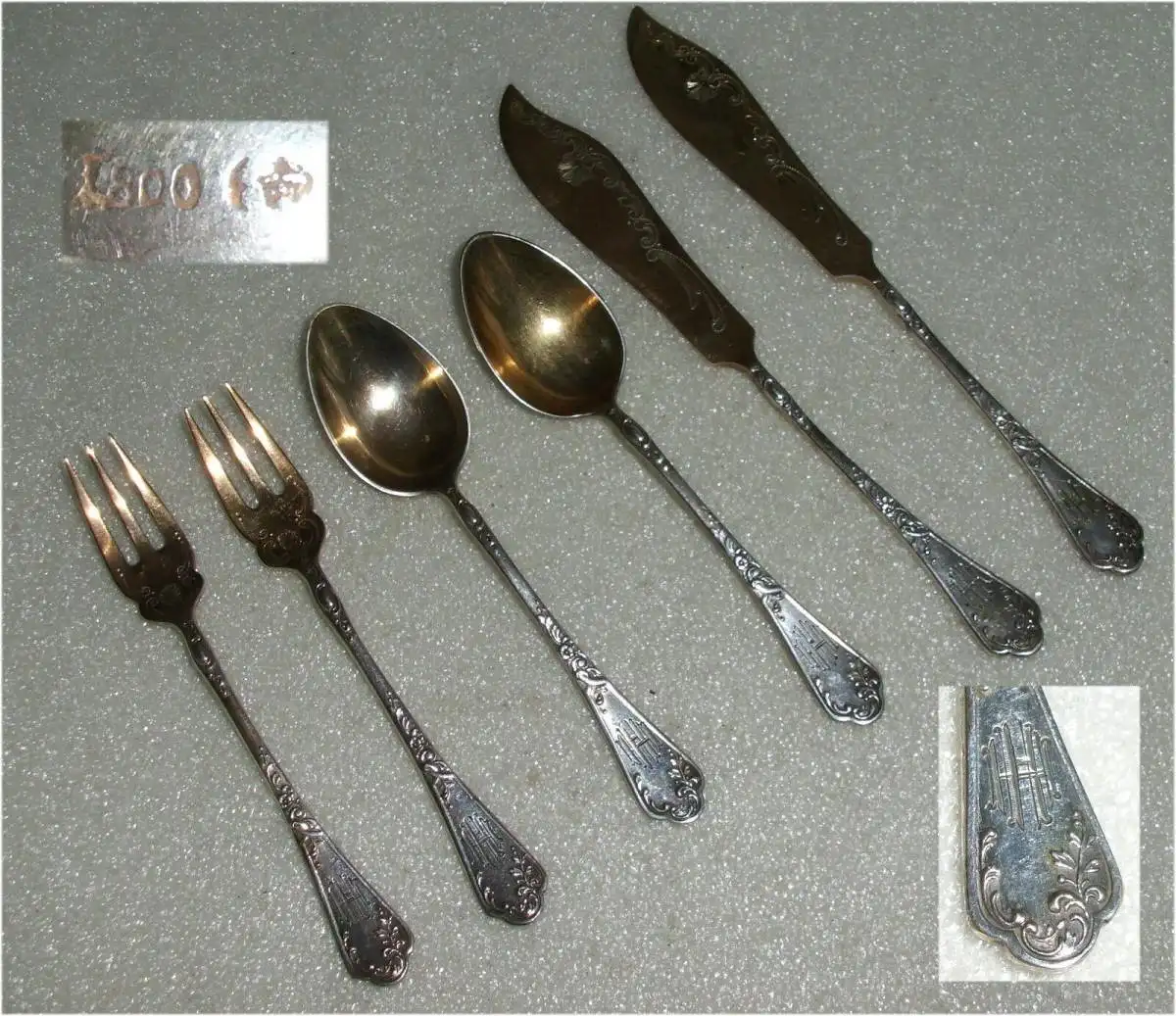 Gründerzeit 2 Kuchengabeln, 2 Kaffeelöffel, 2 Vorleger 800er Silber  (da3454) 0