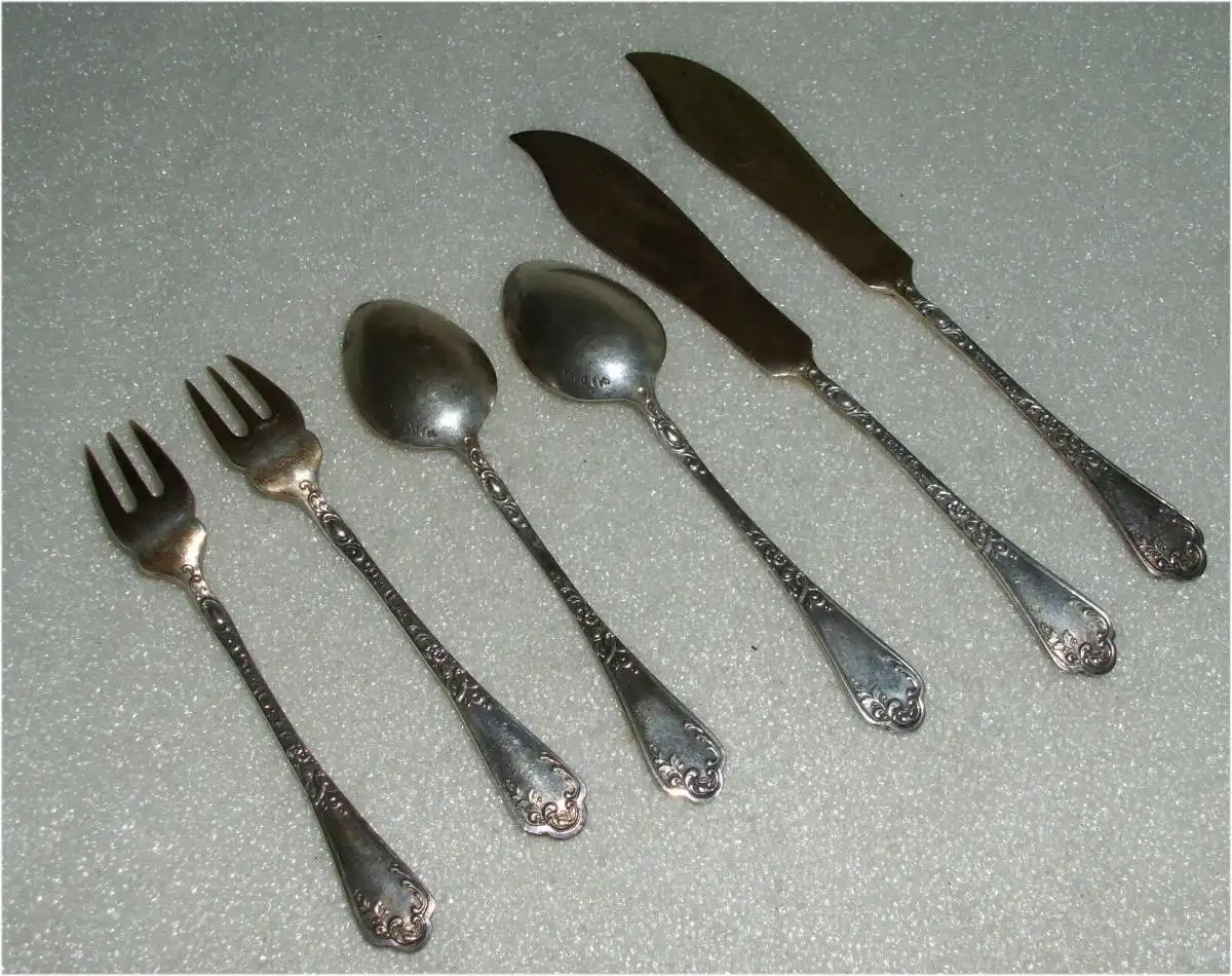 Gründerzeit 2 Kuchengabeln, 2 Kaffeelöffel, 2 Vorleger 800er Silber  (da3454) 1