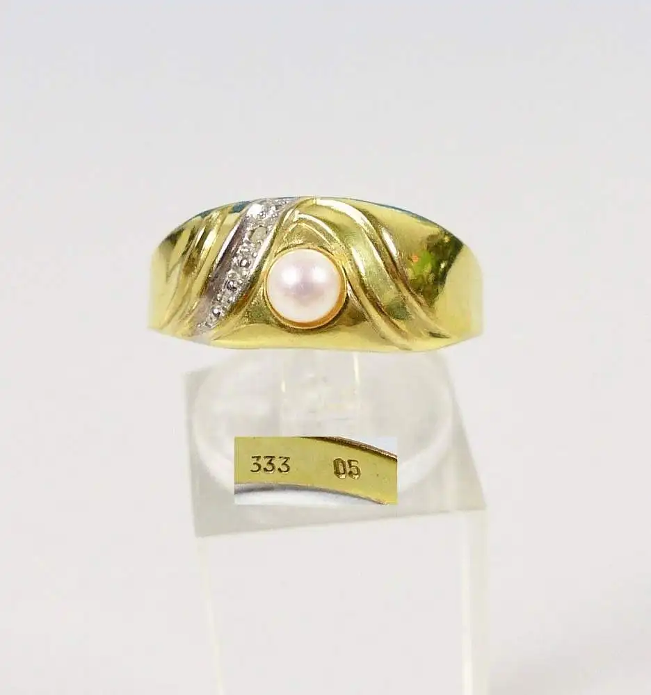 Ring aus 333 Gold mit Perle und winzigem Diamant, Gr. 64/Ø 20,3 mm  (da5980) 0