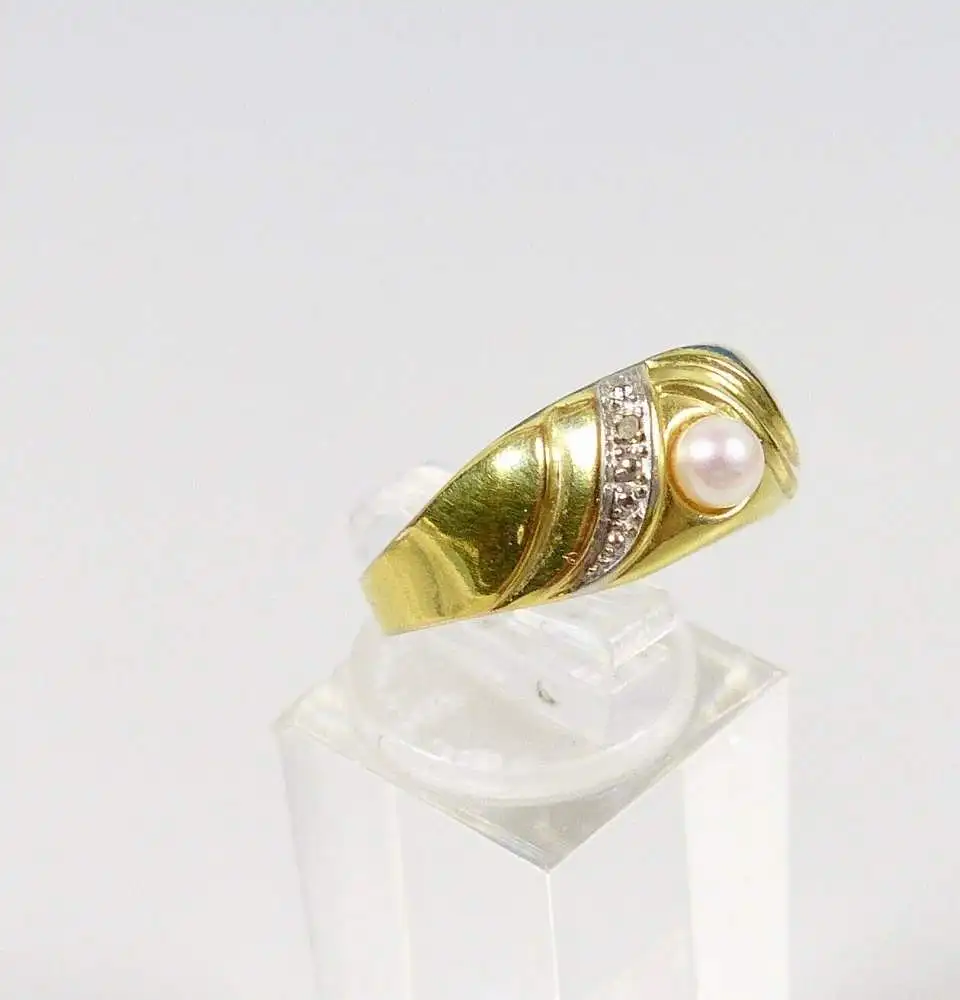 Ring aus 333 Gold mit Perle und winzigem Diamant, Gr. 64/Ø 20,3 mm  (da5980) 1