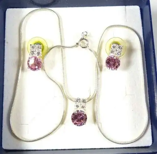 Set Kette und Ohrringe aus 925 Silber mit Rosenquarz und Kristallen      
