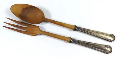 Salatbesteck aus 925 Sterling Silber mit Vorderteilen aus Holz