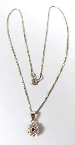 Kette aus 925 Silber und Anhänger aus 800 Silber mit rotem und weißen Steinen