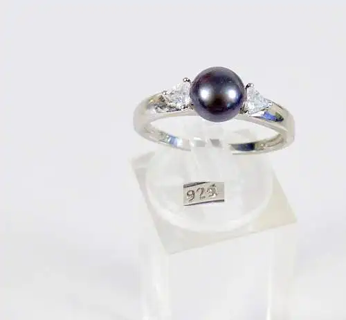 Ring 925 Silber m. dunkler Perle + weißen Edelsteinen, Gr. 58/Ø 18,4 mm (da6076)