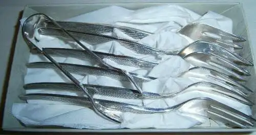 Robbe und Berking 6 Kuchengabeln und 1 Zuckerzange 90er Silberauflage