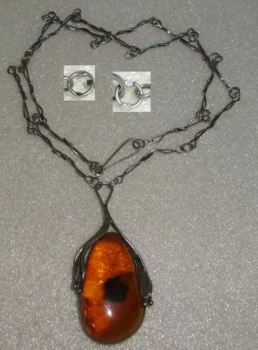 Silbercollier signiert MM 800er Silber mit Bersteinanhänger/Amber (da3812)