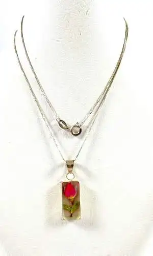 alte Silberkette 925 Silber und Anhänger aus 925 Silber  mit echter Rose