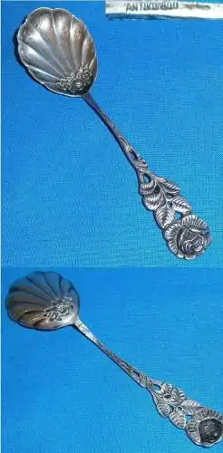 original alter Zuckerlöffel mit Muschellaffe und Rosenmuster 800 Silber